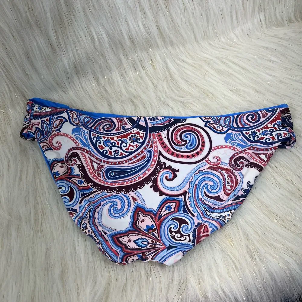 Becca by Rebecca Virtue Bikini Bottom Paisley Blue Reversible Large White NEW